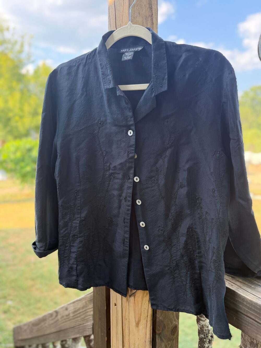 Anne Carson Women's 100% Pure Silk Black Embroidered Button-Down Blouse